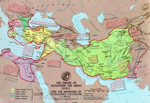 亚历山大大帝东征路线及帝国全盛时期版图 (不同颜色区域为后来